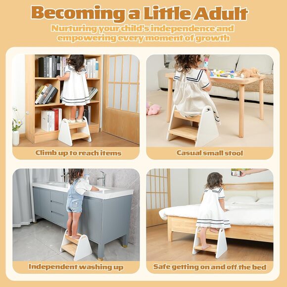 Toddler Step Stool 2-Step Wooden w/ Handles | Kids Bathroom Kitchen Helper White - Picture 3 of 7
